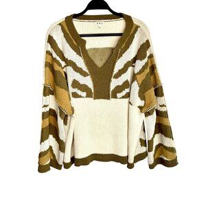 POL Olive & Ivory Oversized Cozy Chunky Knit Sweater‎ Zebra Pattern Womens Large